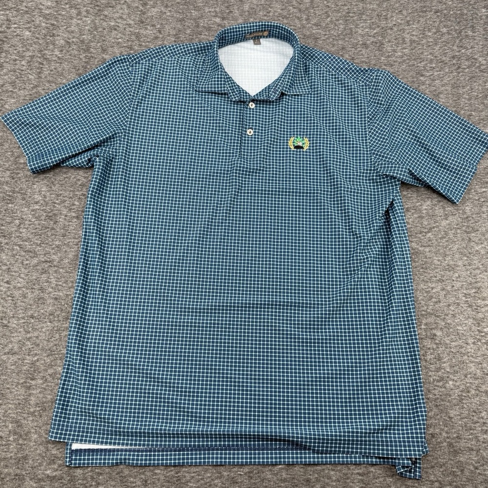 Peter Millar Summer Comfort Mens Large Navy‎ Check Golf Polo Club Crest Logo L